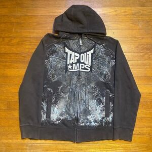 Vintage Tapout MPS MMA Y2K Grunge Cross AOP Full Zip Hoodie Black Mens Large